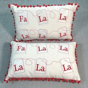 Christmas Holiday Fa La La Tea Bag Decorative Throw Pillow with Pom Poms Red Zip